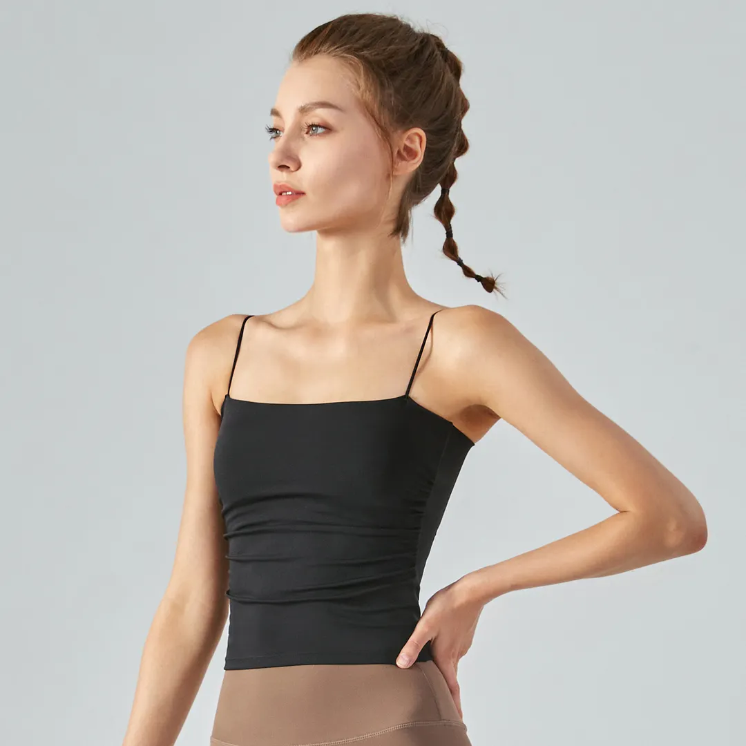 Buy Black different colors and types of women's high support ruched sides square neck nature skin friendly soft running vest with built in removable pads on Hergymclothing