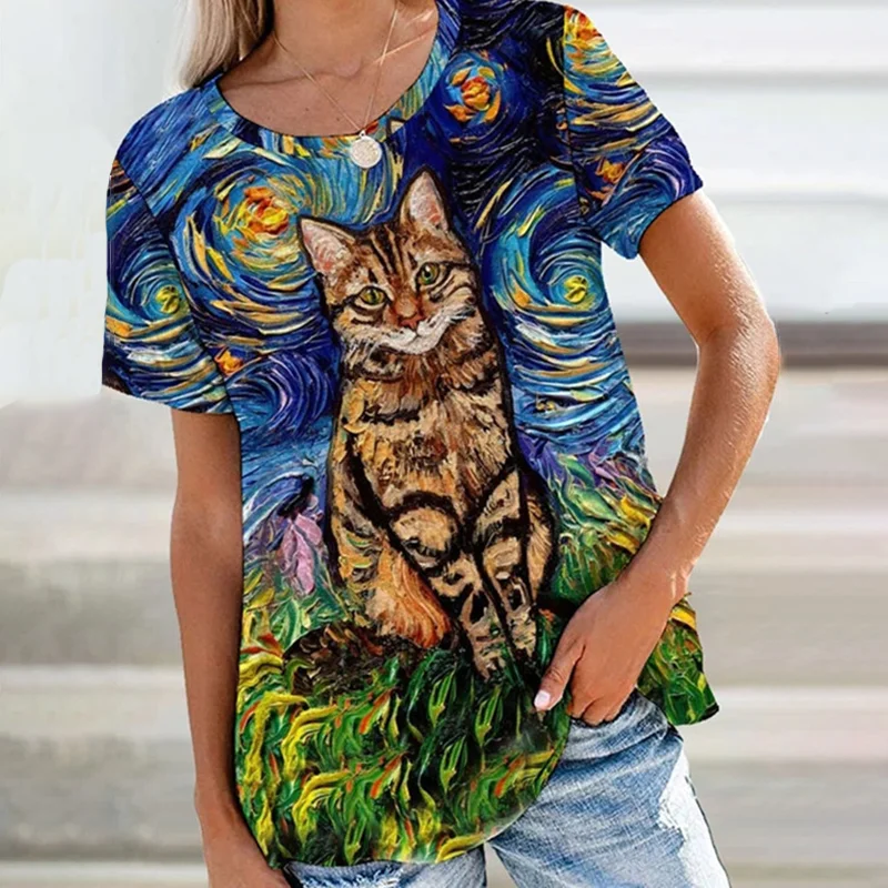 Casual Cat Oil Painting Print Short Sleeve T-Shirt