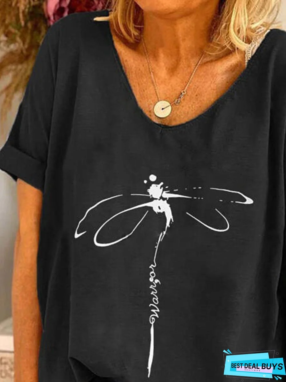 Black V Neck Printed Casual Shift Short Sleeve T-shirt