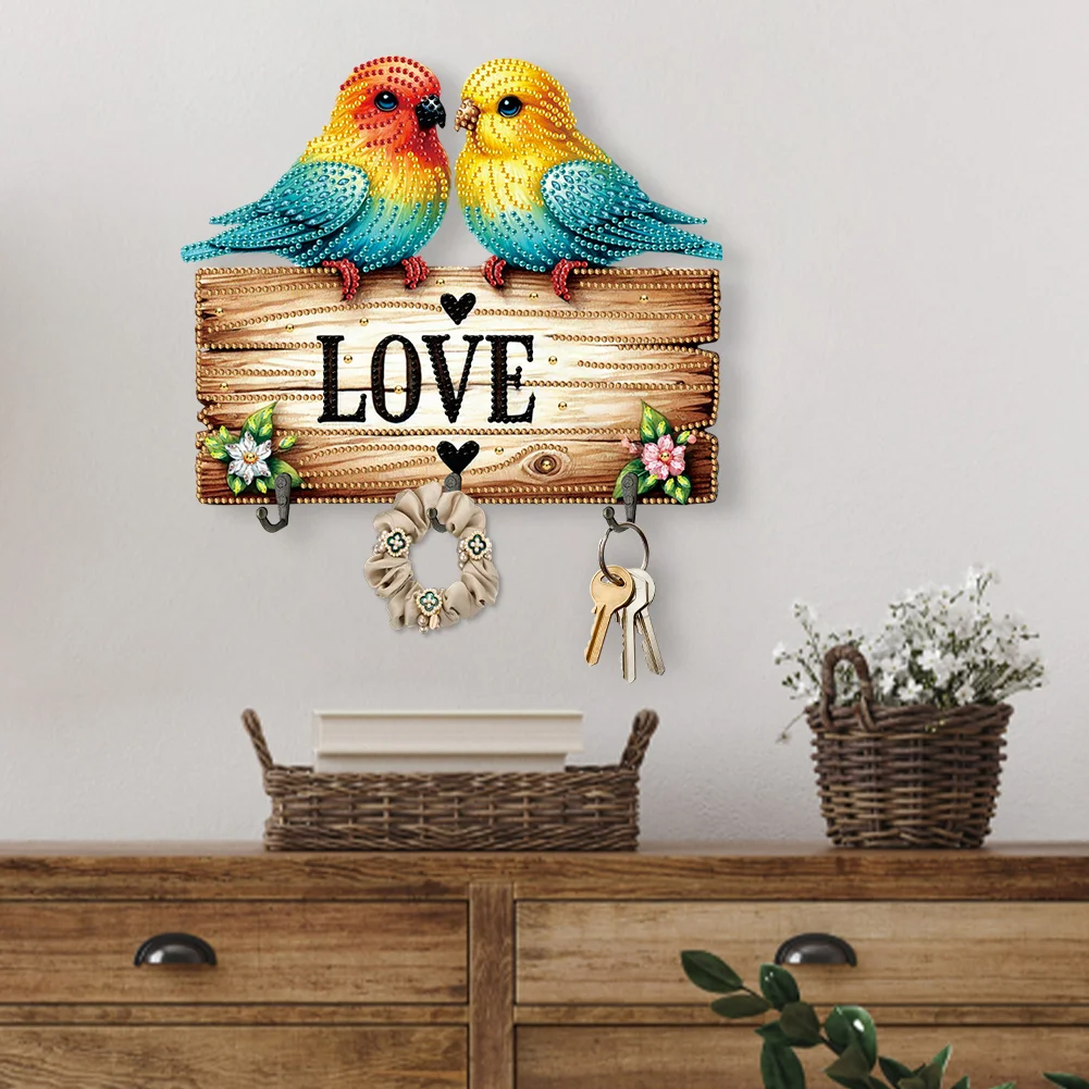 5D DIY Love Bird 3 Hooks Special Shape Diamond Painting Wooden Hook Rail for Wall