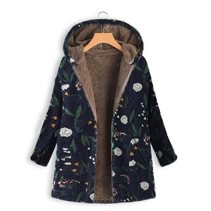 Women Print Winter Coat Casual PlusSize Fluffy Fleece Cozy Women Coat Warm Long Sleeve Zipper Hooded Female Coat Outwear