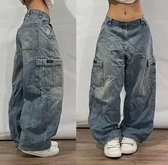Aonga Street Vintage Jeans New Y2K Harajuku Wash blue Multiple pockets Baggy Jeans Denim Pants Mens Womens High Waist Wide Trousers aonga