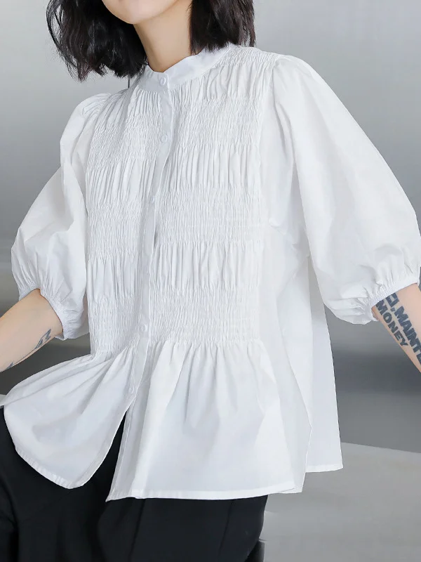 Loose Puff Sleeves Pleated Solid Color Round-Neck Blouses&Shirts Tops