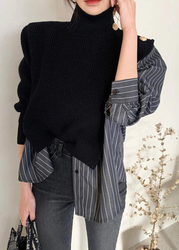 Fashion Black Striped Turtleneck Asymmetrical Knit Patchwork Button Shirt Spring