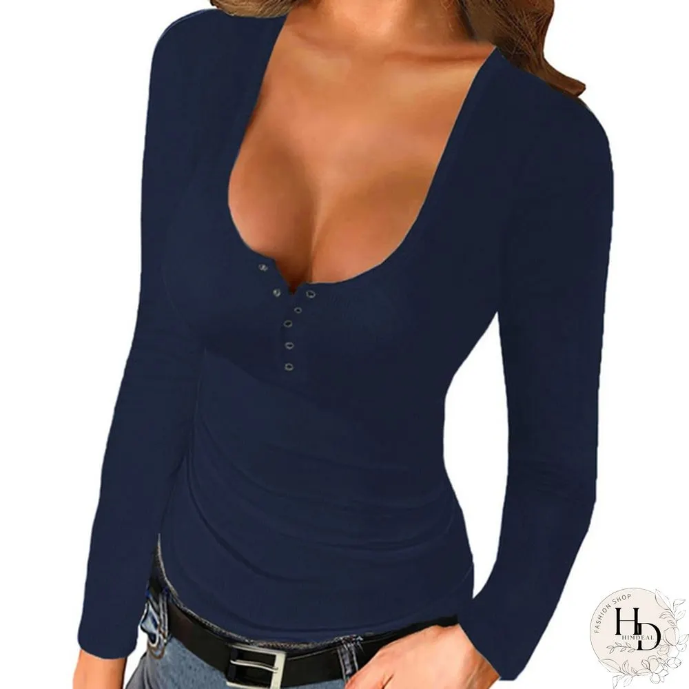 Spring Tight-fitting Bottoming Shirt U-neck Ribbed Long-sleeved Blouse Women's Clothing