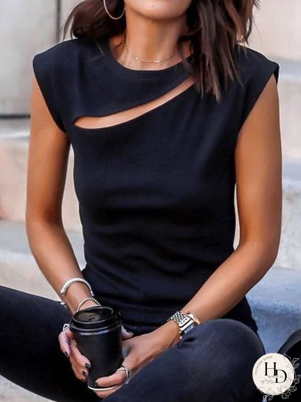 Edgy Black Cutout Sleeveless T-Shirt with Cap Sleeves
