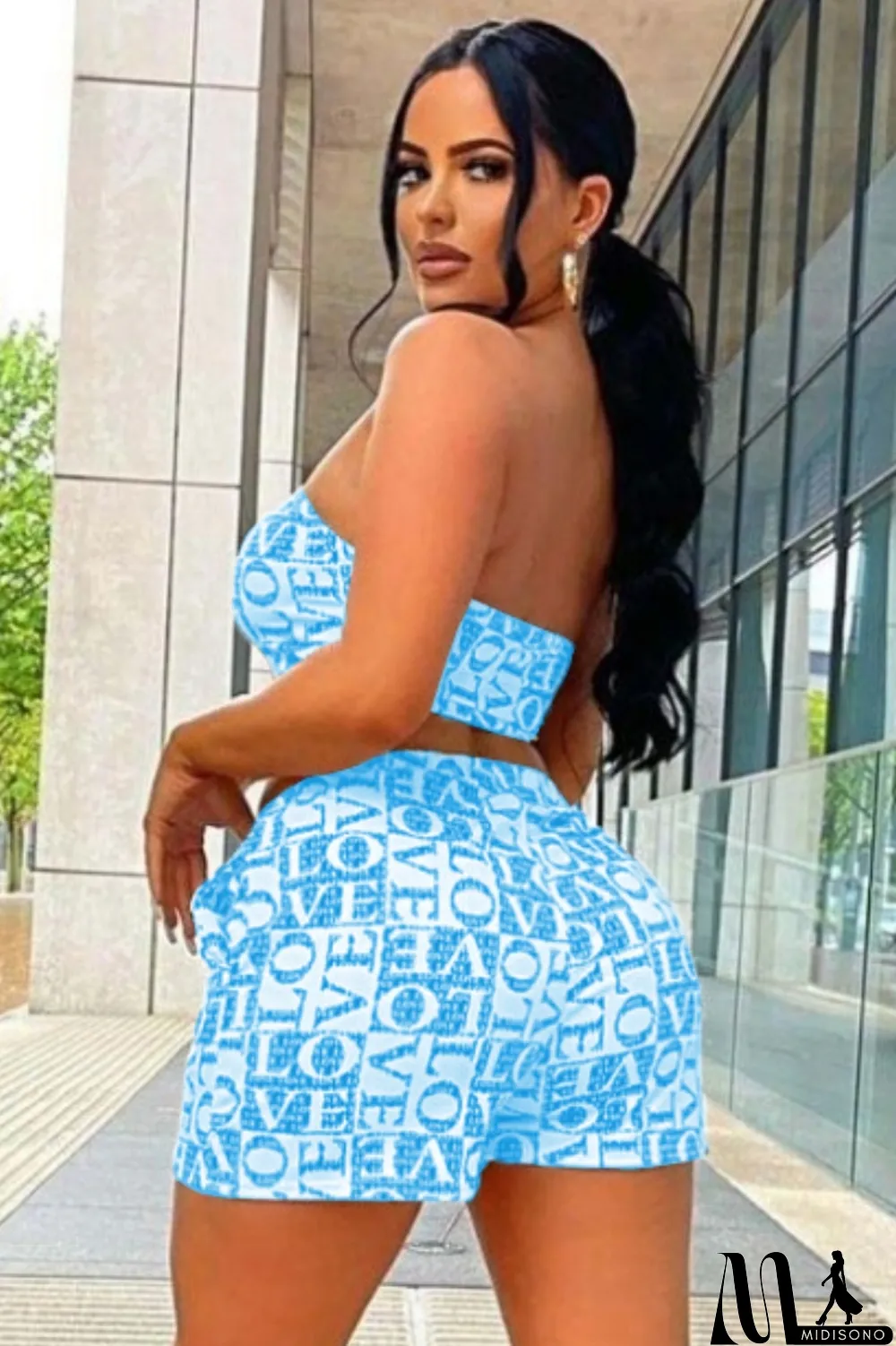 MidiSono - Summer Print Blue Strapless Crop Top and Shorts Set