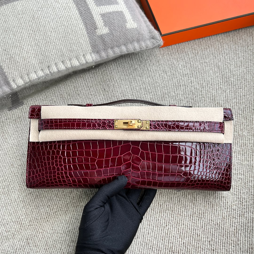 Kelly cut Shiny Porosus Crocodile 57 Bordeaux Red GHW