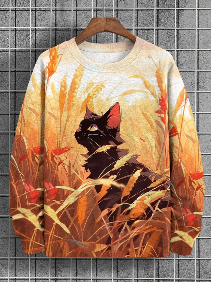 Men's Black Cat In The Field Art Print Casual Sweatshirt