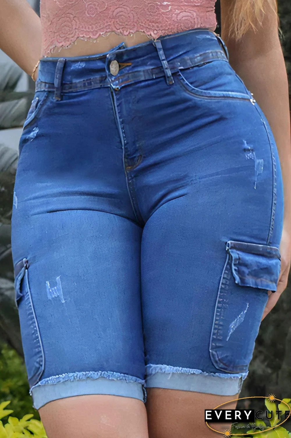 Ripped Flap Pocket High Waist Denim Bermuda Shorts
