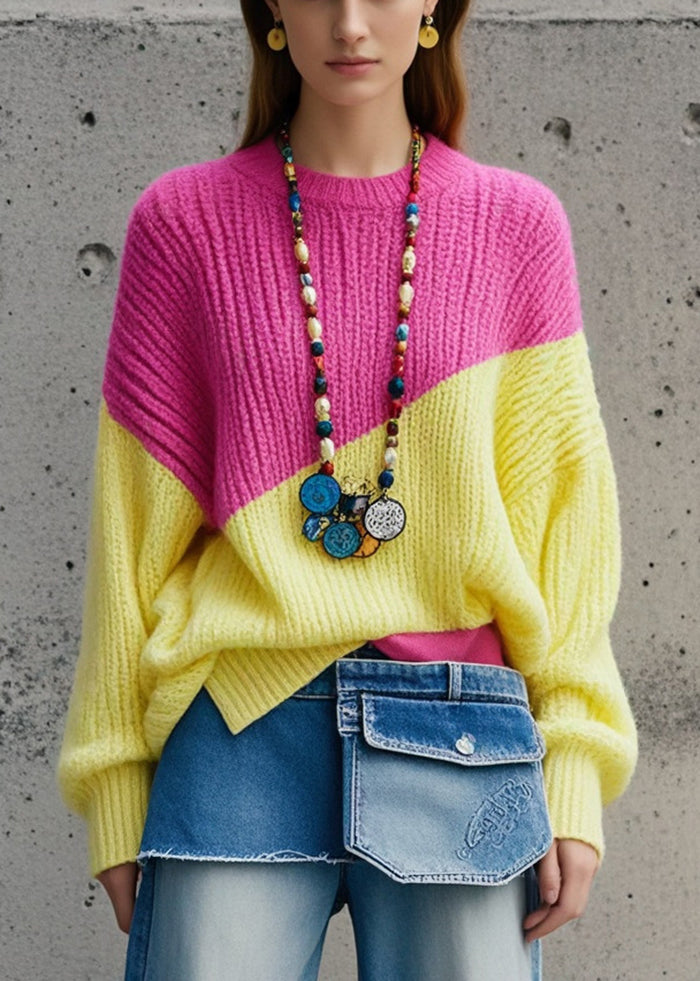 VCSHOES Colorblock Oversized Patchwork Knitted Cozy Tops Fall