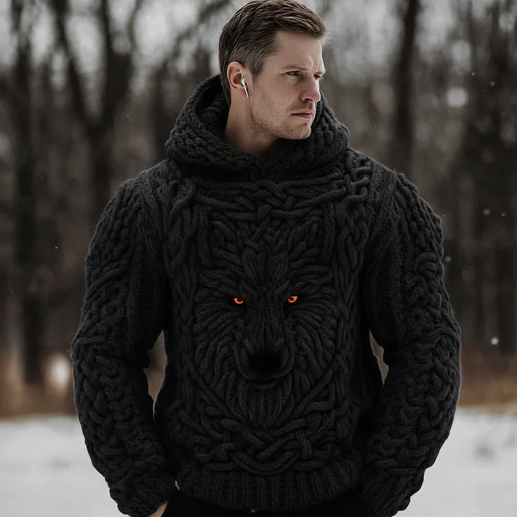 Men's Viking Celtic Wolf Knit Chunky Hooded Sweater