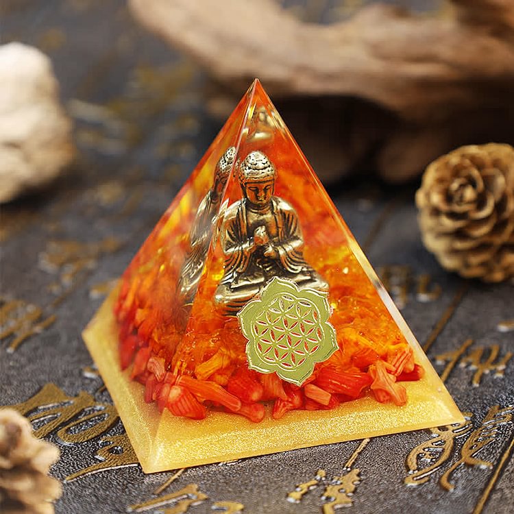 Red Coral With Buddha Protection Orgone Pyramid