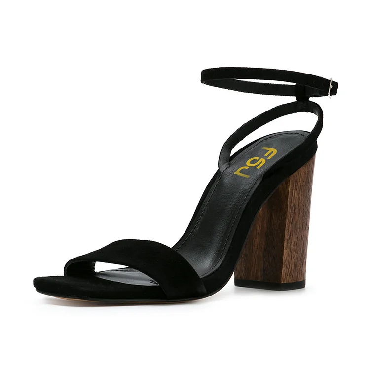 Women's Black Block Heel Ankle Strap Sandals |FSJ Shoes