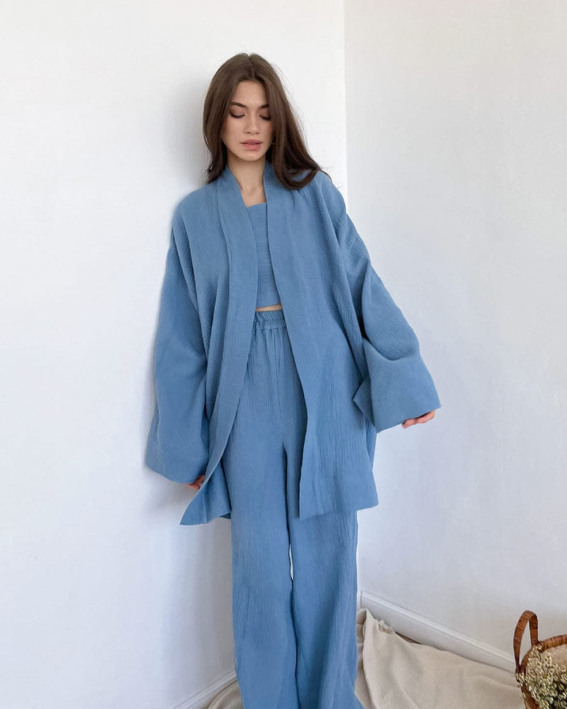 Lovingerie - Loose-fit Line Gauze Pajama Bathrobe Set