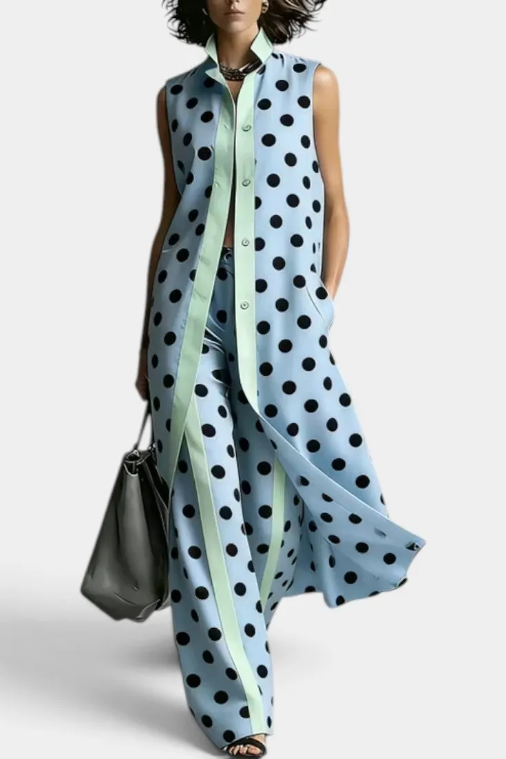 Sleeveless Polka Dot Shirt Dress with Wide-Leg Trousers Set