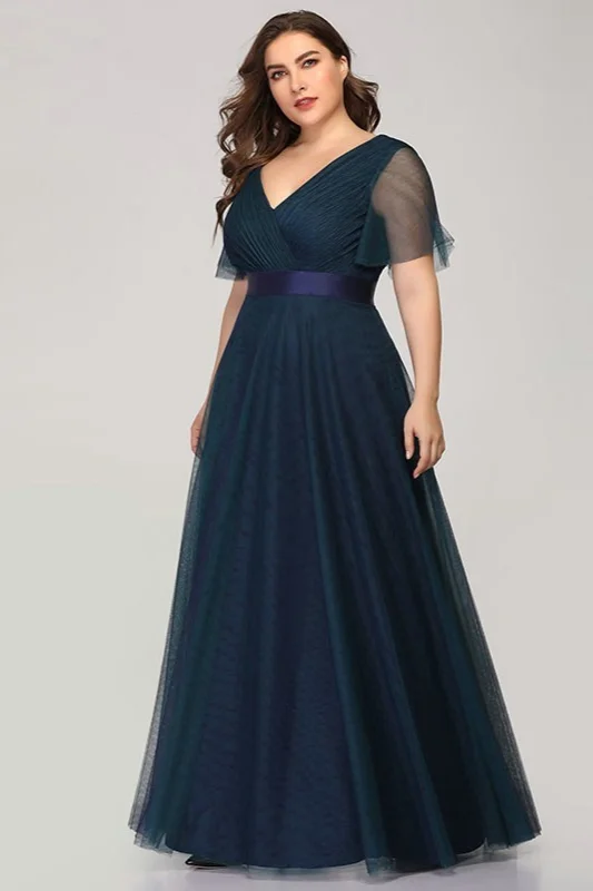 Gorgeous Plus Size Short Sleeve Prom Dress Long Tulle Evening Gowns