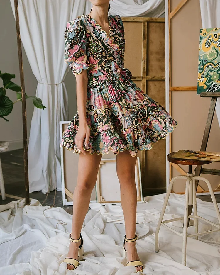 Mid-sleeve print mini dress