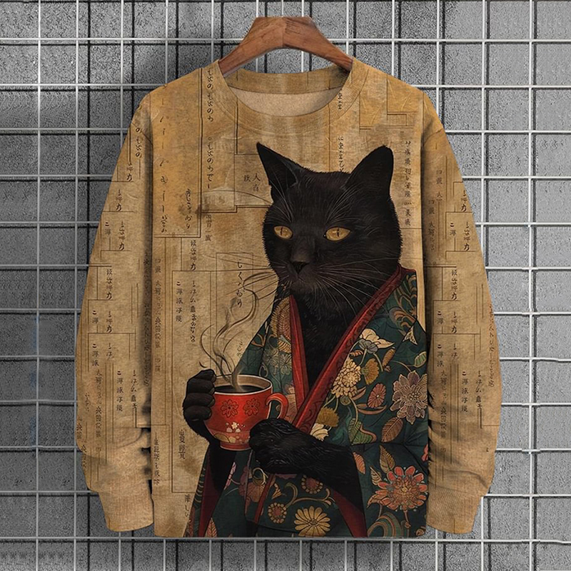 Men's Kimono Black Cat Drinking Coffee Art Print Casual Sweatshirt