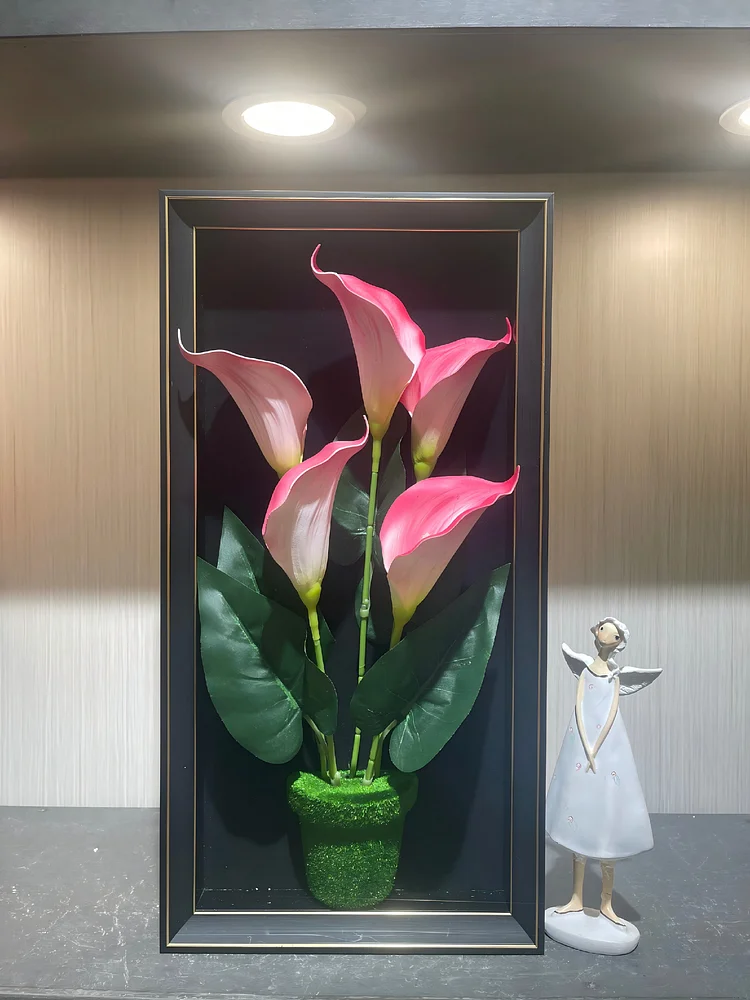 Pink Calla Lily Realistic Framed Flower Art (9.0*17.7 in) - 3D Artificial Flower Decoration for Living Room & Entryway