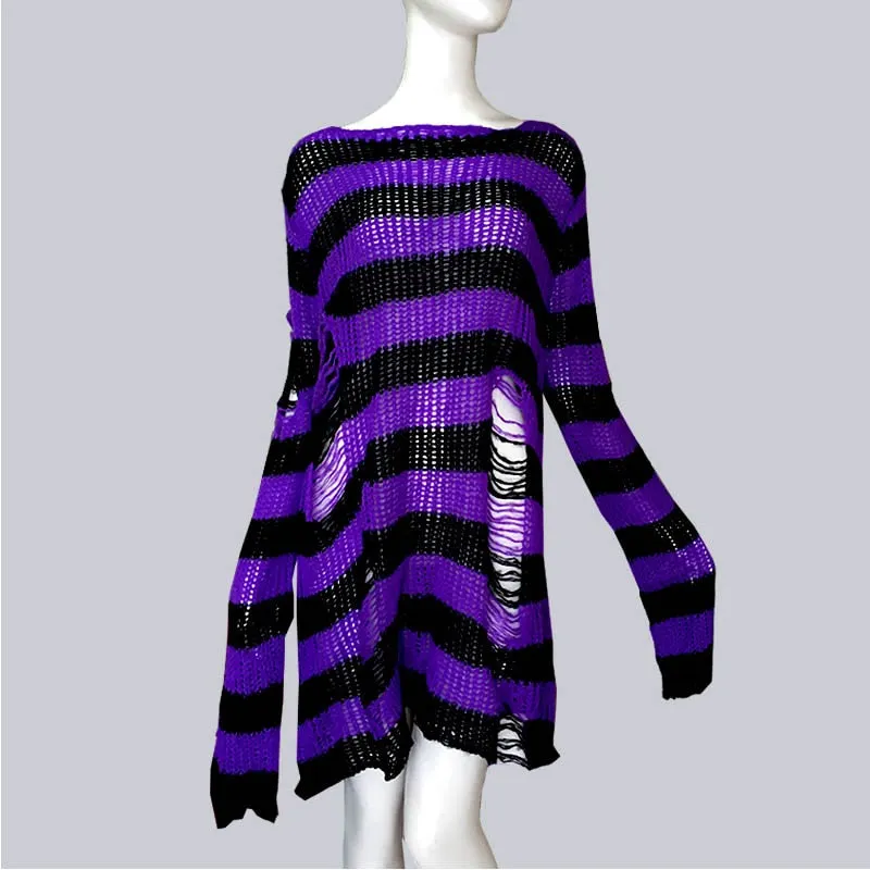 Plus Size Punk Gothic Long Unisex Sweater Dress Women Man Striped Cool Hollow Out Hole Broken Jumper Loose Rock Thin Sweter 2021