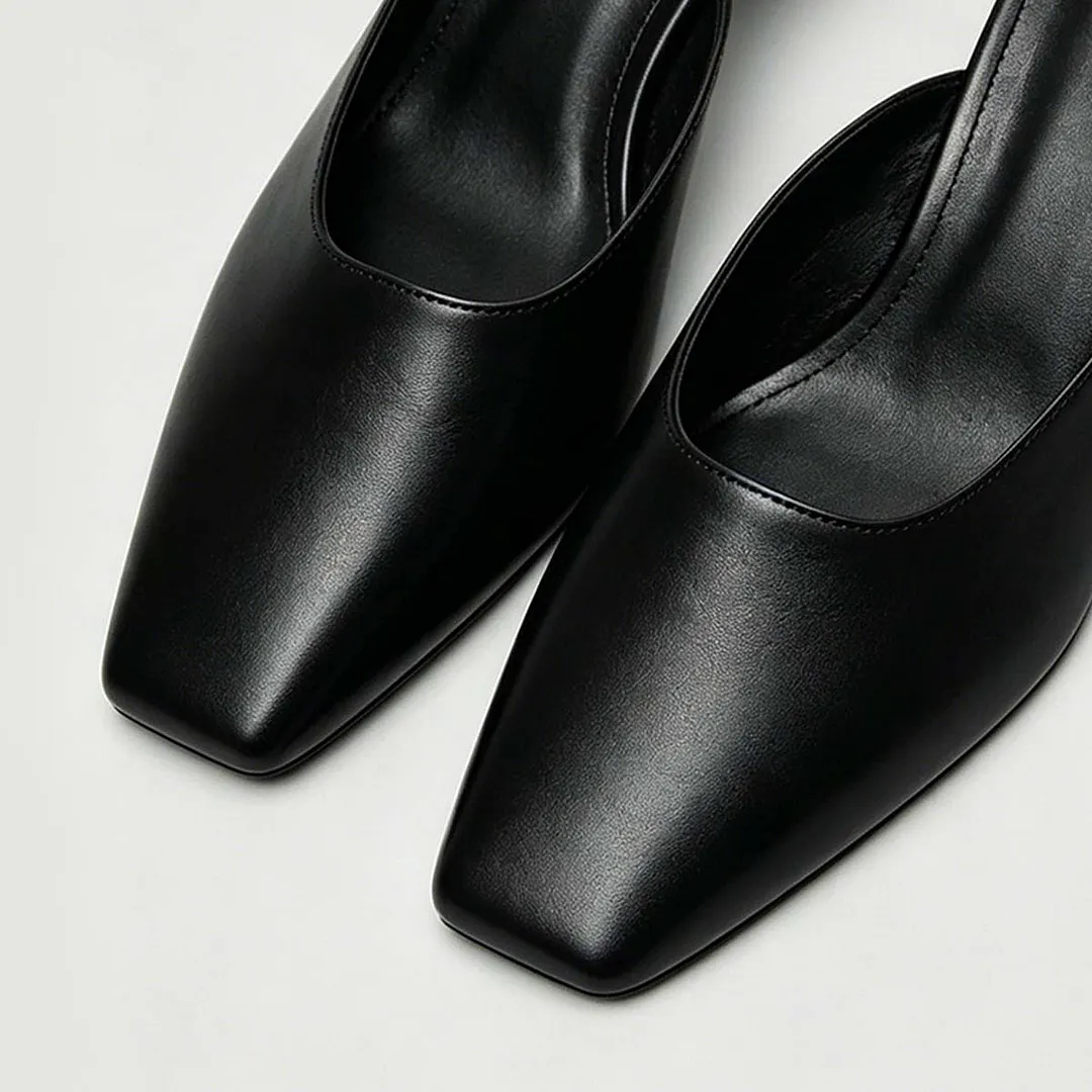Minimalist Black Square Toe Block Heel Slip On Mules Shoes