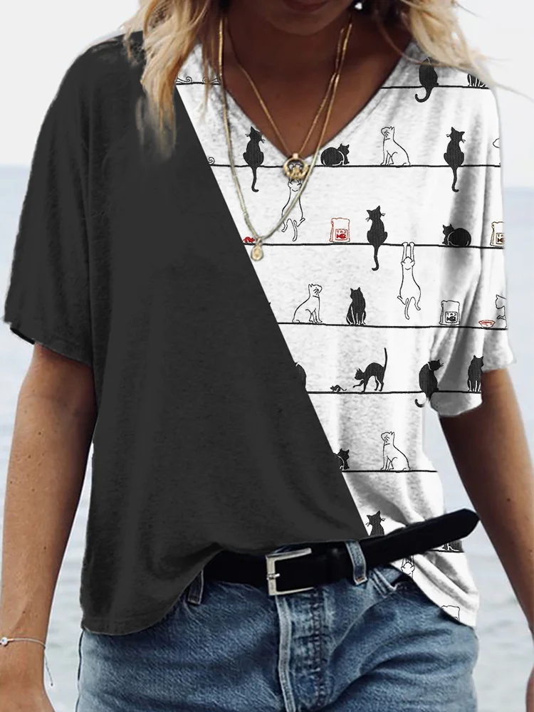 Cat Striped Contrast Color V Neck T Shirt