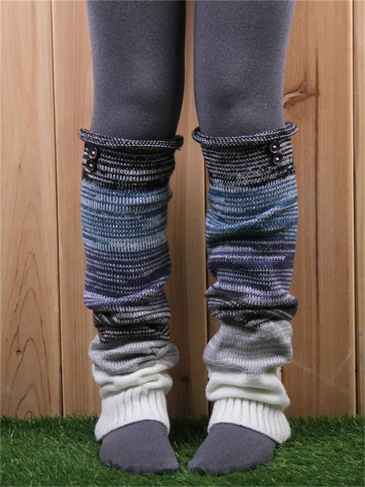 Utbros Vintage Side Buttons Colorblock Cozy Knit Leg Warmers