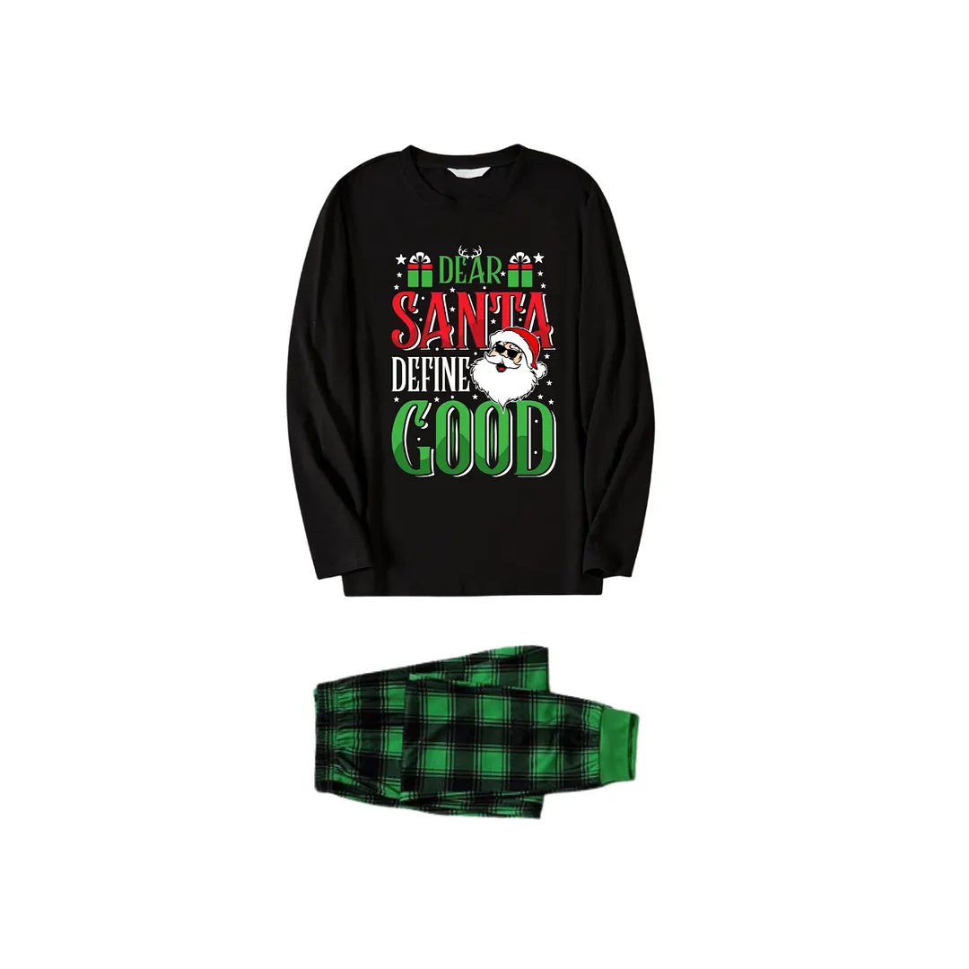 "Dear Santa Define Good" Slogan Printed Black and Green Plaid Family Matching Pajamas
