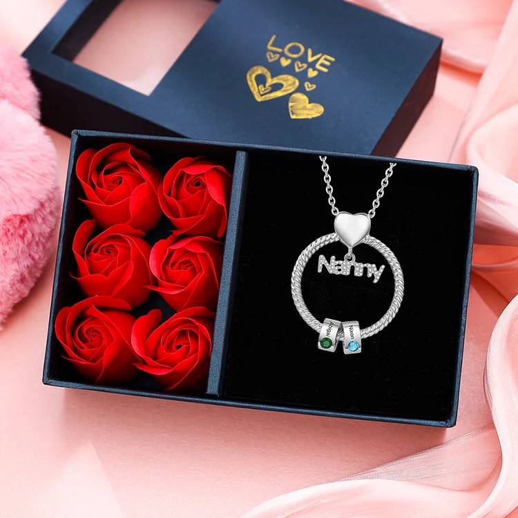 2 Names-Personalized Nanny Circle Necklace With 2 Birthstones Pendant Engraved Names Gift Set With Rose Gift Box For Nanny