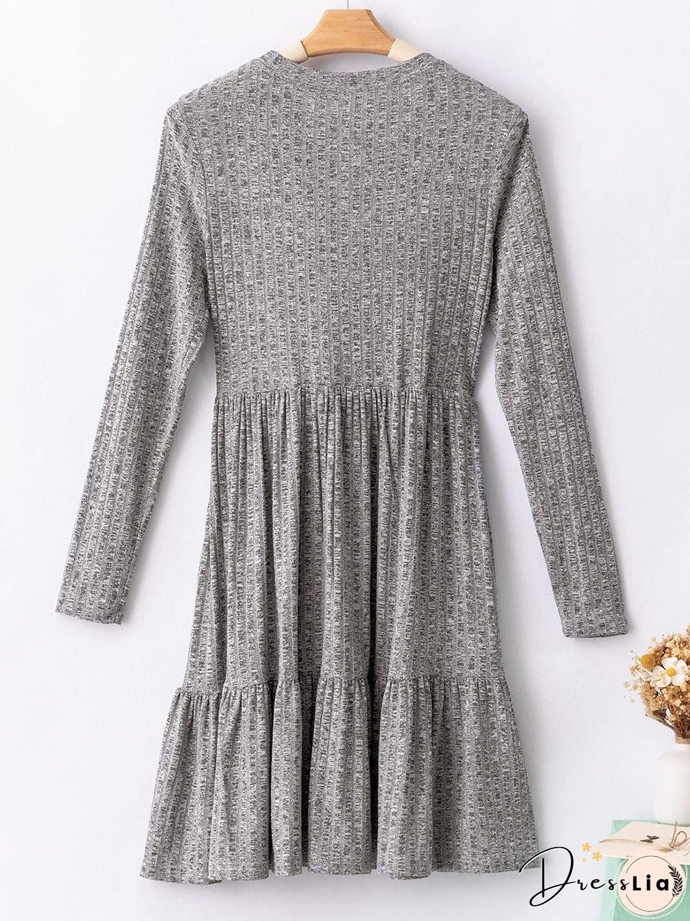 Textured Gray Ruffle Detail A-Line Midi Dress