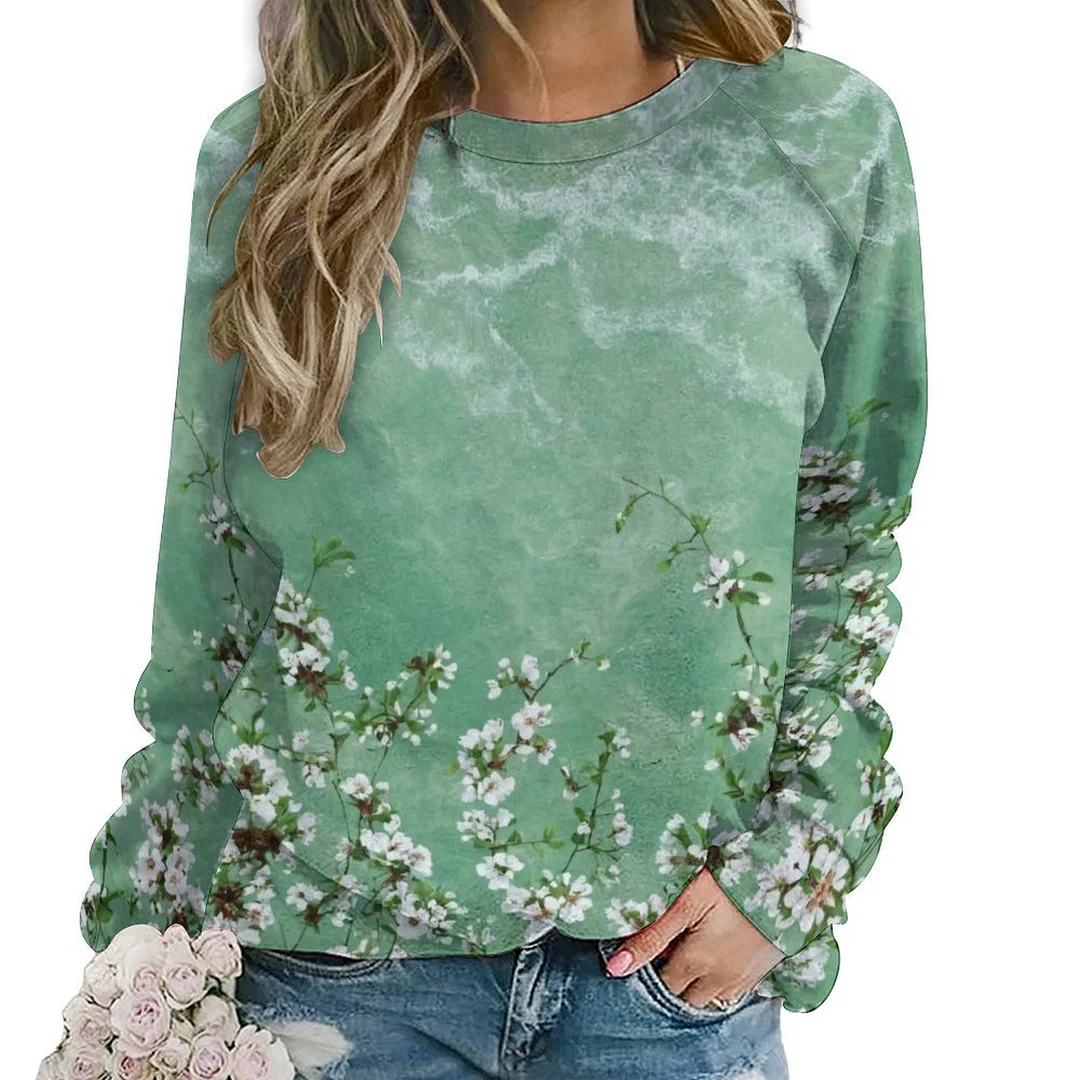 Printed Long Sleeve Casual Sweatshirt for  Women and Men Unisex Pattern Floral, Green, White