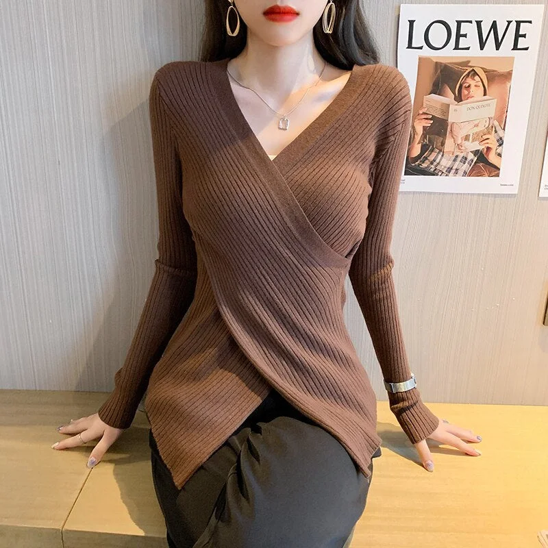 New Deep V-neck sexy Bottoming sweater solid autumn winter Sweater Pullover Women Knitted sweater slim long sleeve irregular top