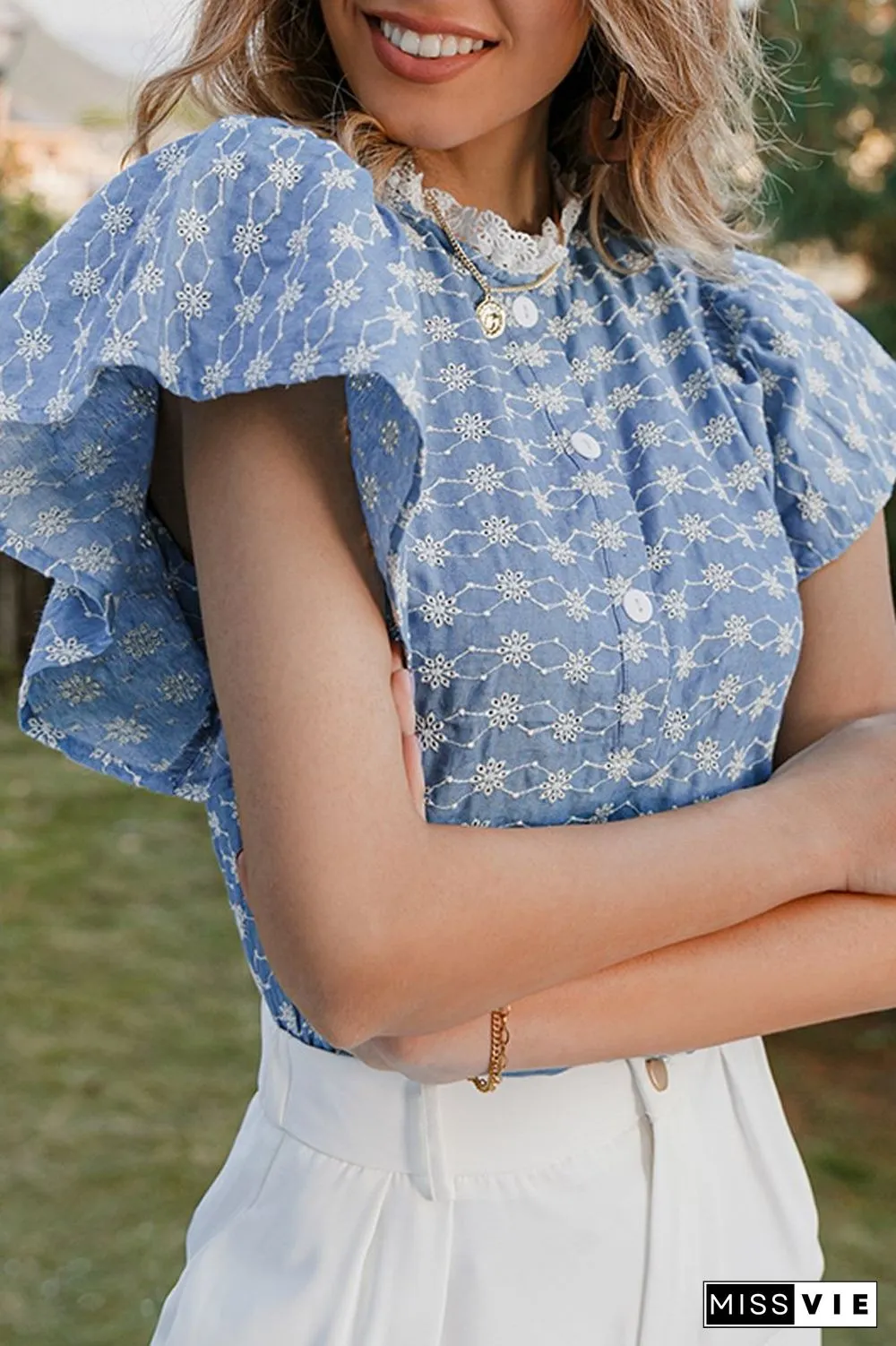 Lace Neck Ruffle Hollow-Out Blouse