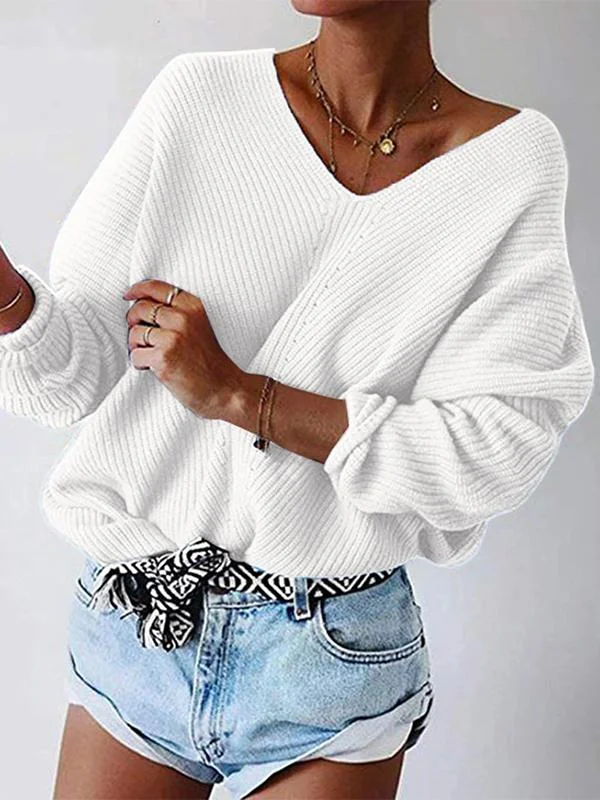 V-neck loose knit sweater pullover women
