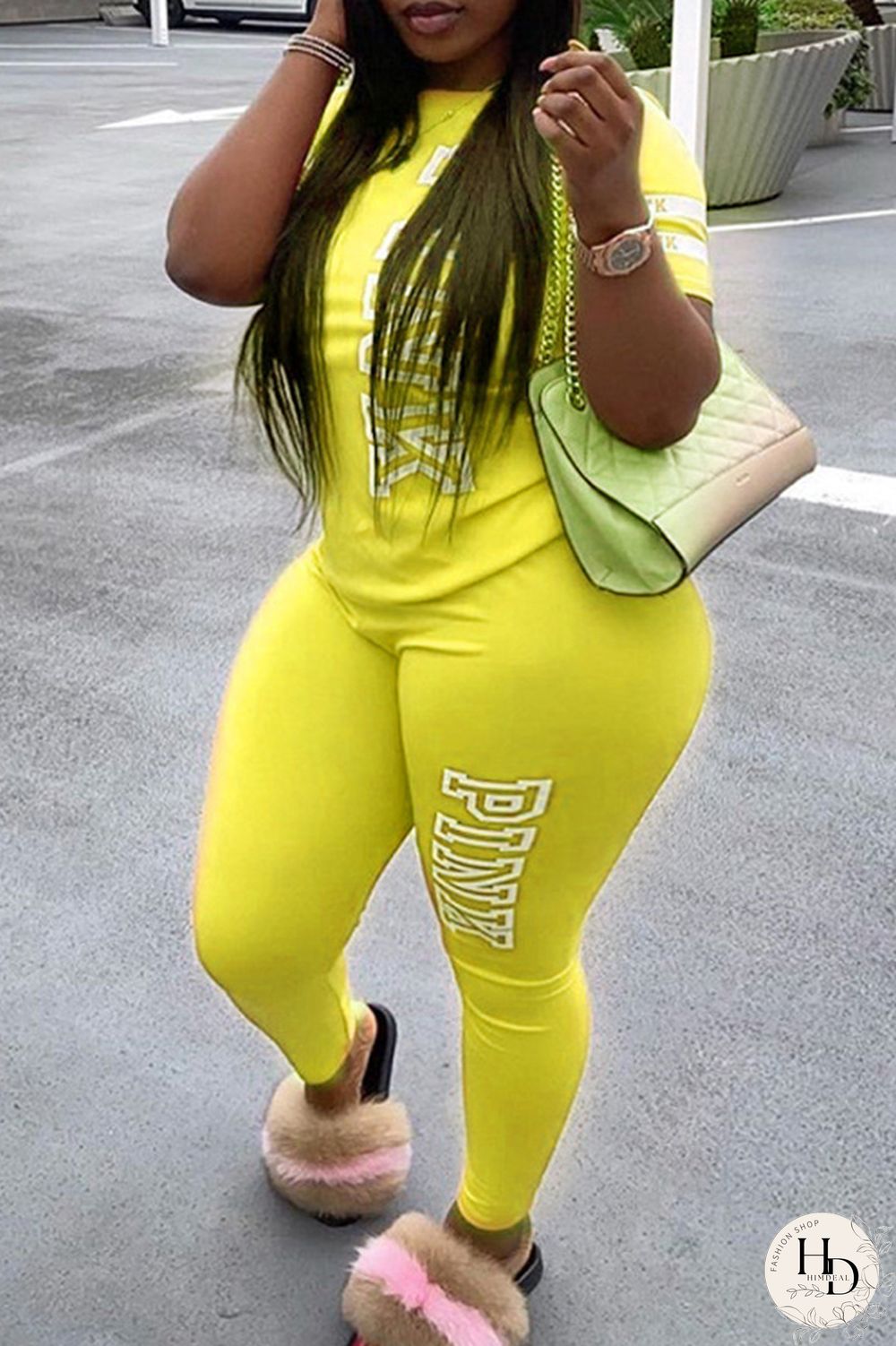 Yellow Fashion Casual Letter Print Basic O Neck Plus Size Two Pieces