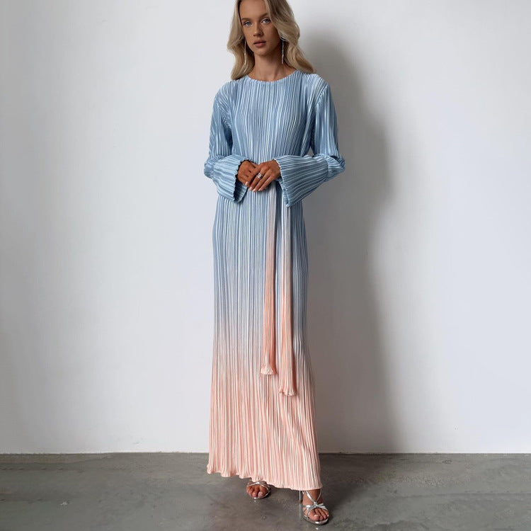 Women Clothing Spring Autumn Gradient Dress Long Sleeve Lace Pleated Maxi Dress Dress