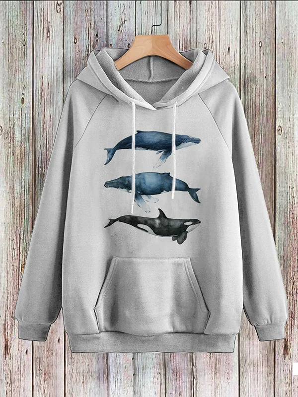 Men's Blue Whale Killer Whale Print Casual Hooded Sweatshirt