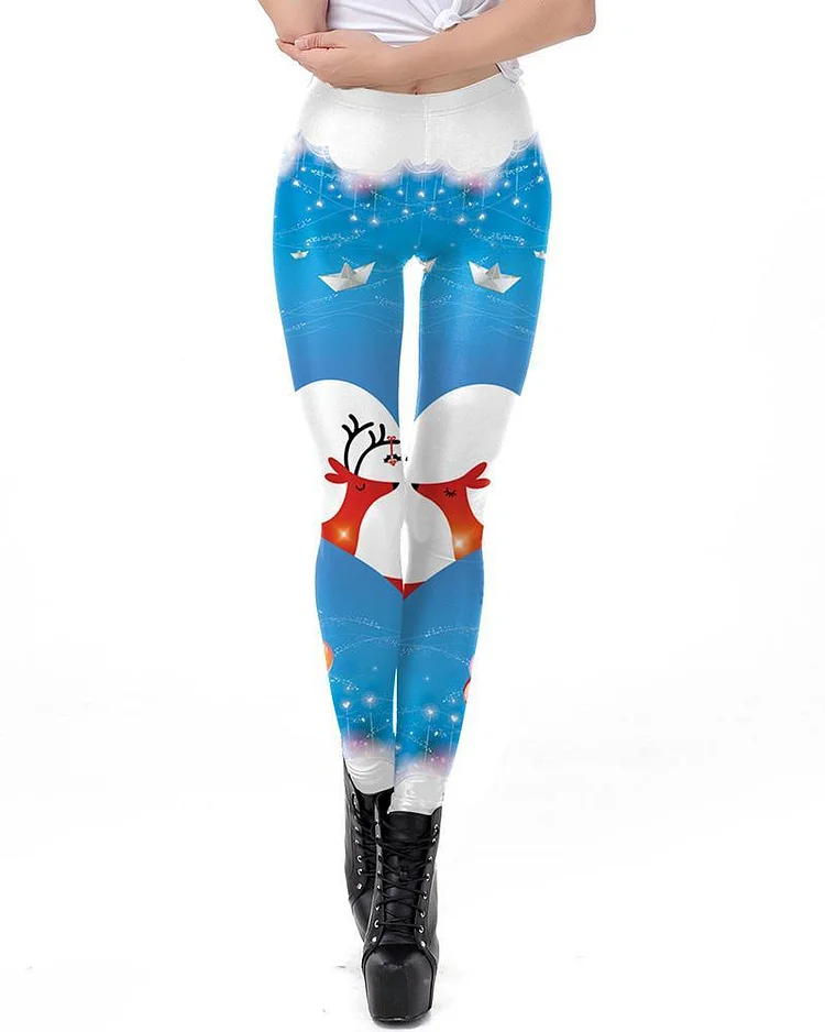 Mayoulove Christmas Lovers Reindeer Printed Blue White Leggings-Mayoulove