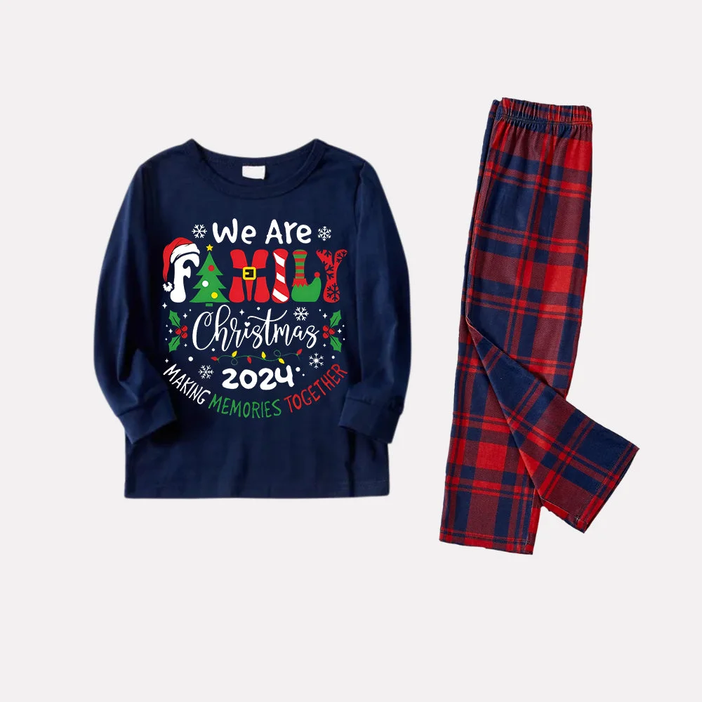 "We are Family" 2024 Christmas Wreath - Blue Long Sleeve Top with Blue & Red Plaid Family Matching Pajamas