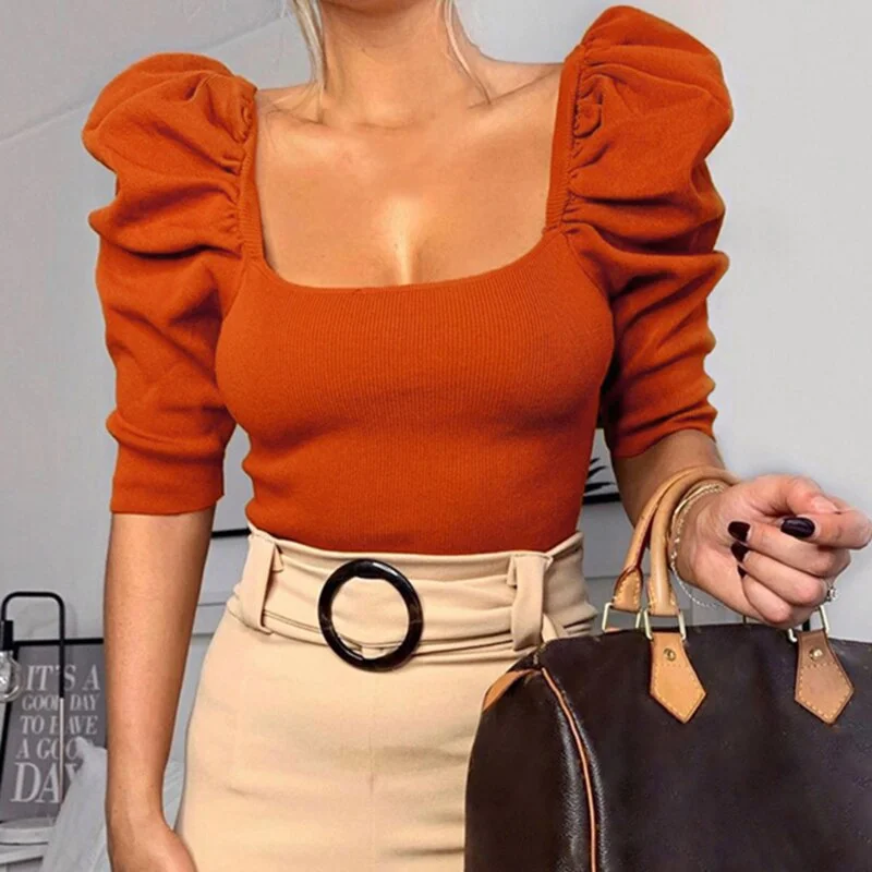 Vintage Puff Sleeve Women Blouse Square Neck Korean Style Tops Elegant Sexy White Black Slim Crop Blouse Women