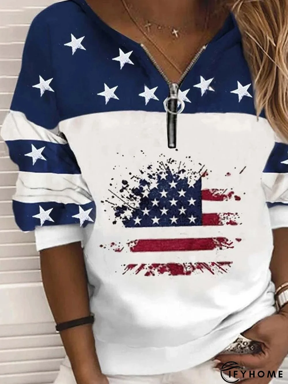 Casual Hippie Stars Zipper Flag Printed Round Neck Sweatshirt | IFYHOME