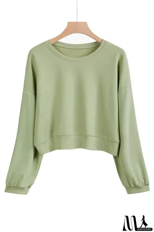 MidiSono - Solid O Neck Long Sleeve Crop Hoodie