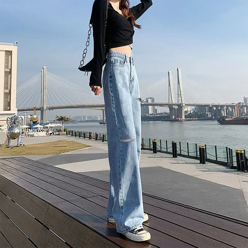 Toloer Toloer Hole High Waist Wide Leg Jeans For Girls Fall Students Straight Tube Loose Show Thin Design Sense Pants High Street Ins Tide-Outfit Ideas