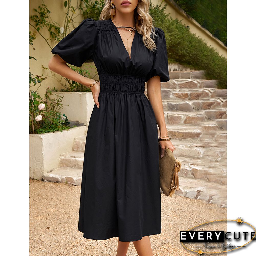 Black Solid V Neck Pleated Waist Midi Dress