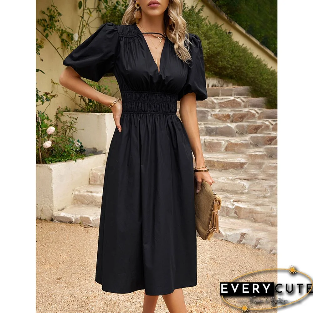 Black Solid V Neck Pleated Waist Midi Dress