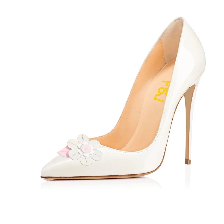 White Patent Leather Pointy Toe Flower Stiletto Office Heels Vdcoo