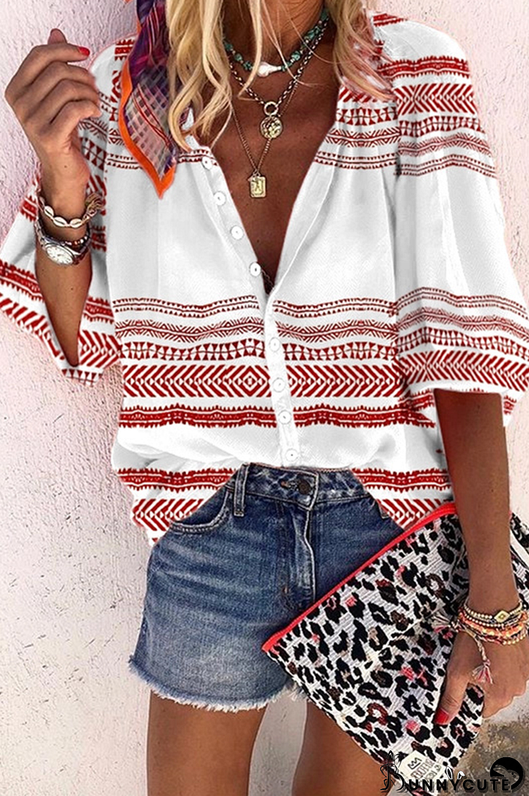 Casual Elegant Print Buckle O Neck Tops