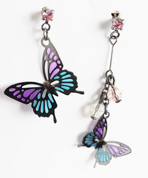 Chic Purple Butterfly Metal Asymmetrical Design Crystal Drop Earrings