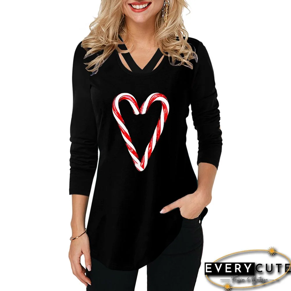 Black Heart Print Long Sleeve Tops